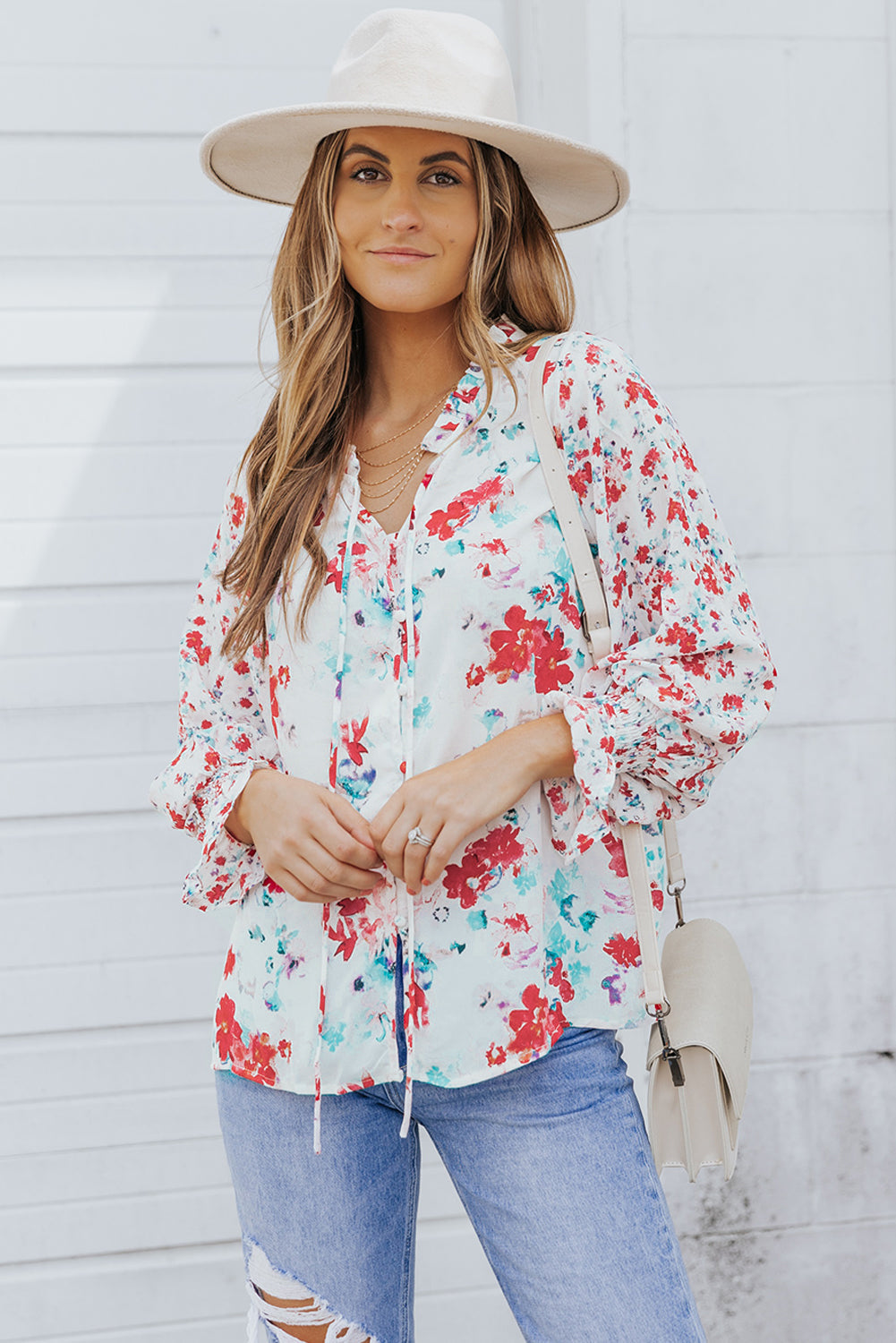 Fiery Red Cakewalk Floral Smocked Blouse