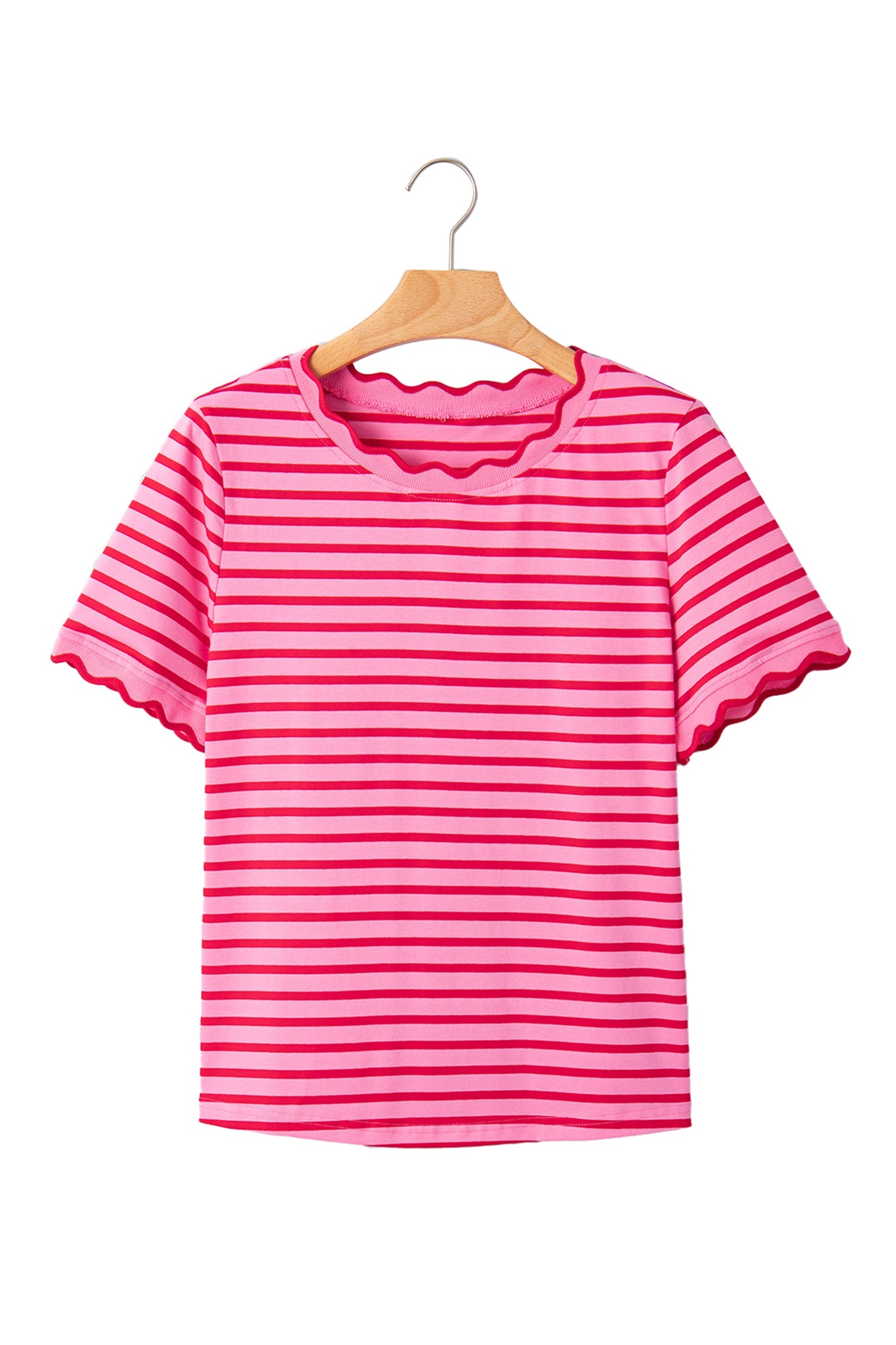 Pink Stripe Scalloped Trim Round Neck T Shirt