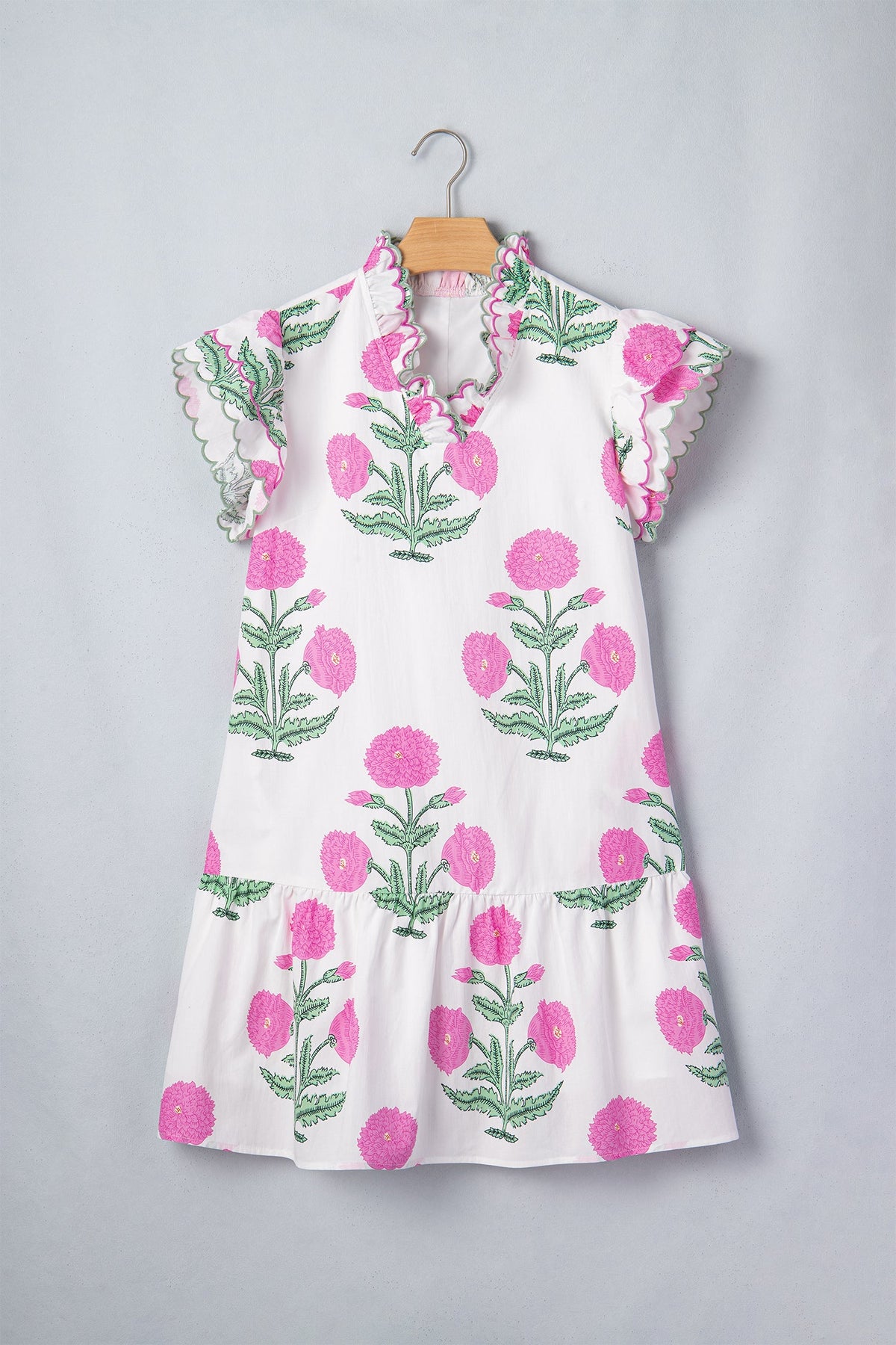 White Wild Floral Print Scalloped Embroidery Trim V Neck Drop Waist Mini Dress