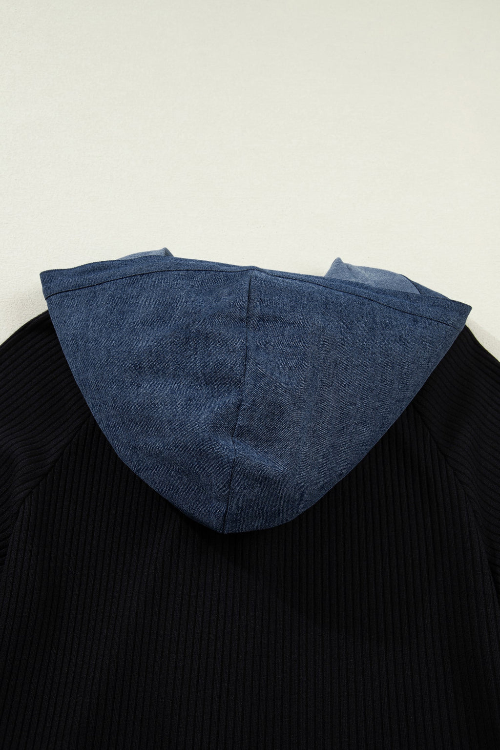 Black Ribbed Knit Contrast Denim Patchwork Hooded Long Sleeve Top