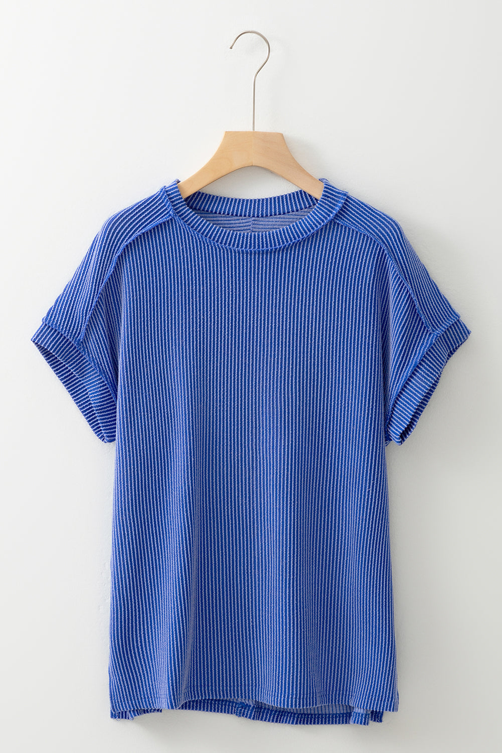 Medium Grey Crinkle Rib Knit Exposed Seam Round Neck T-shirt
