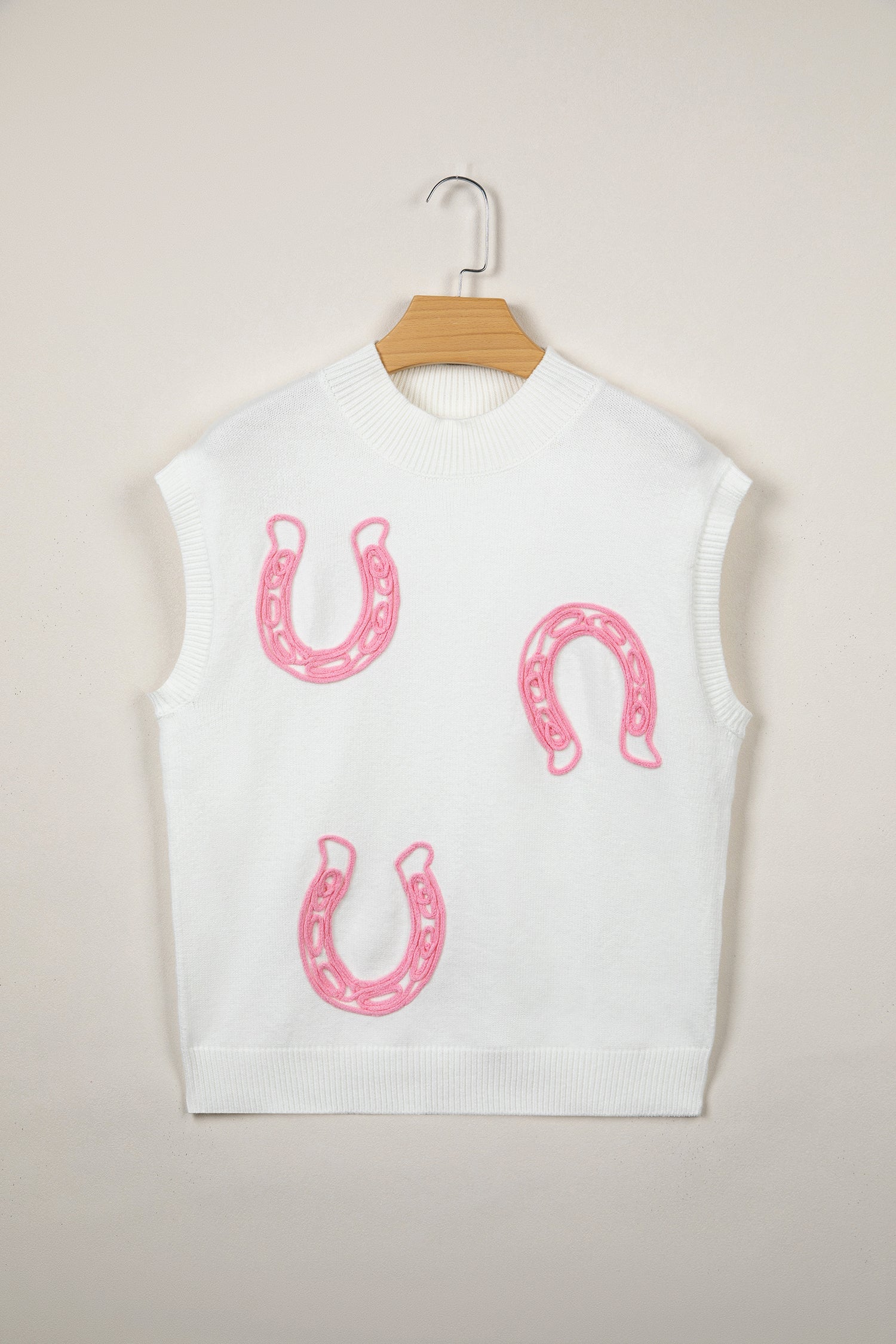 White Corded Horseshoes Ribbed Trim Mock Neck Short Sleeve Sweater