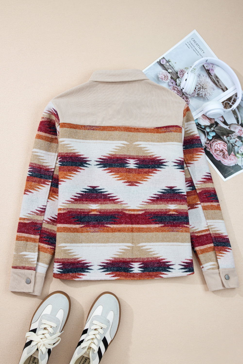 Multicolour Western Aztec Ribbed Patchwork Double Flap Pocket Raw Hem Shacket