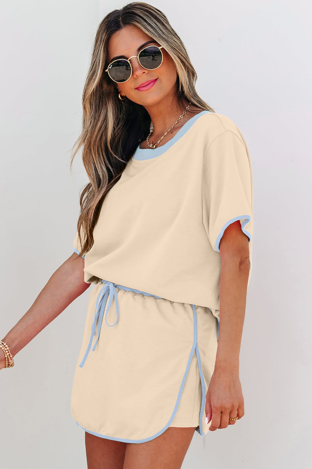 Apricot Colorblock Edge Drop Shoulder T Shirt and Skort 2Pcs Set