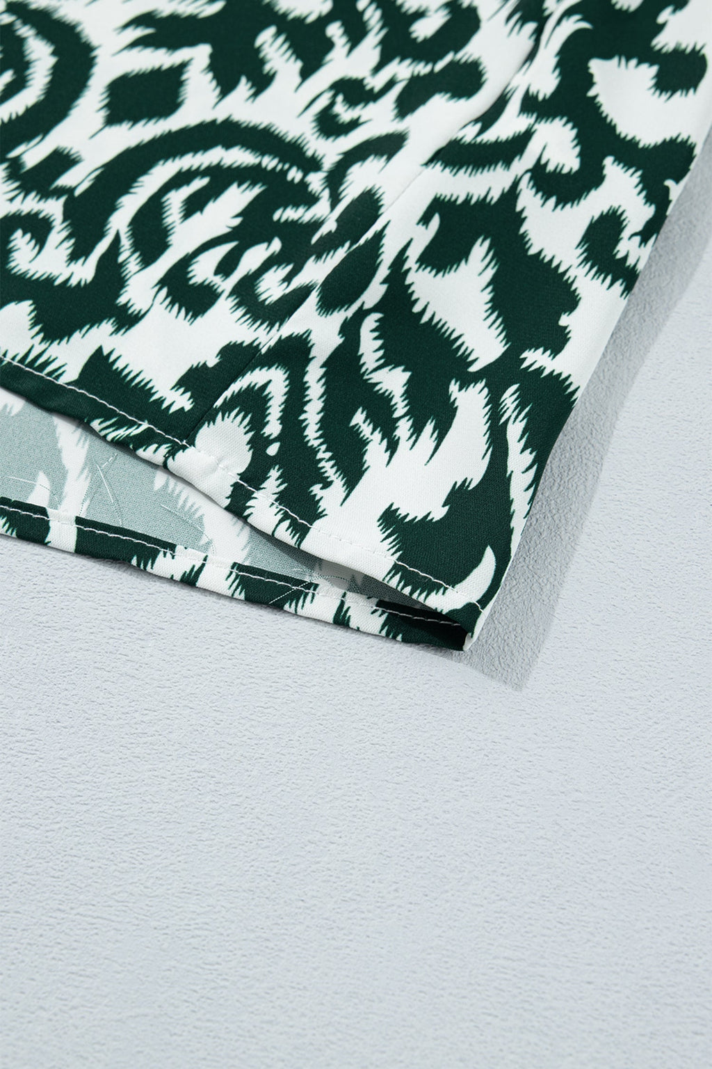 Green Damask Print Ruffled Color Block Detail Half Sleeve Blouse