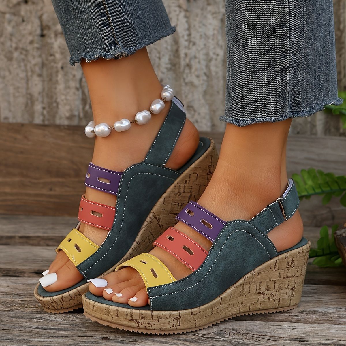 Women's Color-Block Wedge Sandals – Cork Platform Slingback