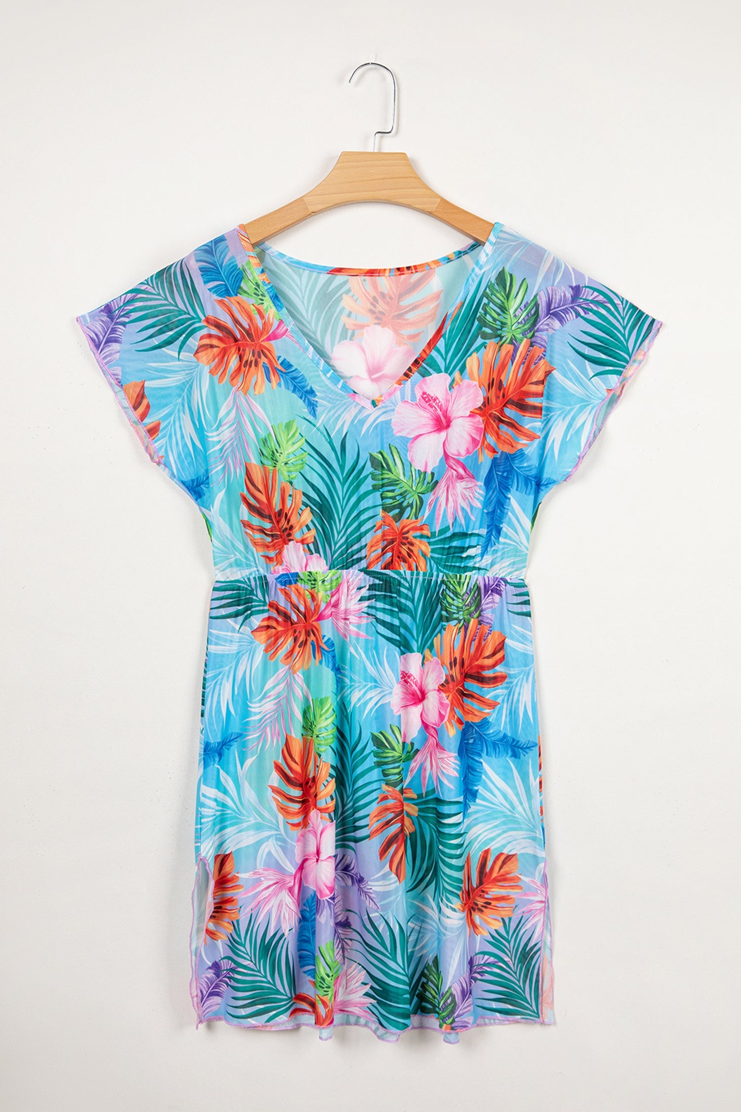 Sky Blue Tropical Print V Neck Semi Sheer Beach Cover Up Dress