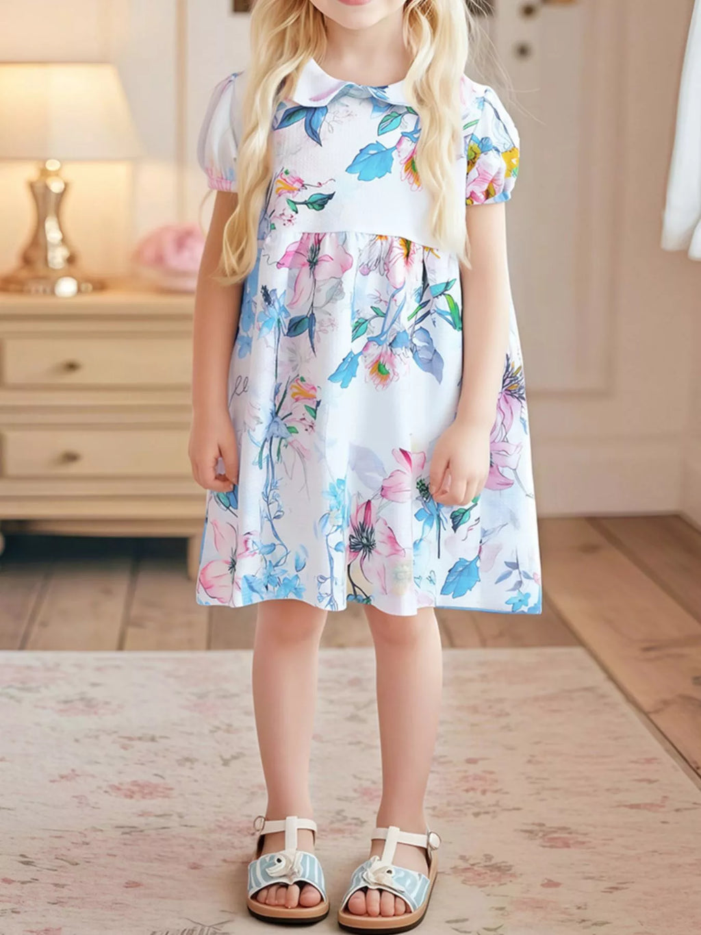 Children's Floral Print Peter Pan Collar Puff Sleeve Dress