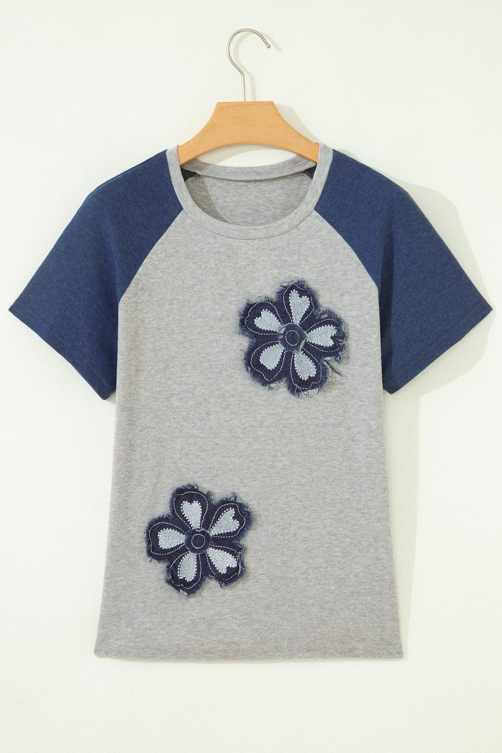 Dark Blue Floral Patchwork Colorblock Raglan Sleeve T Shirt