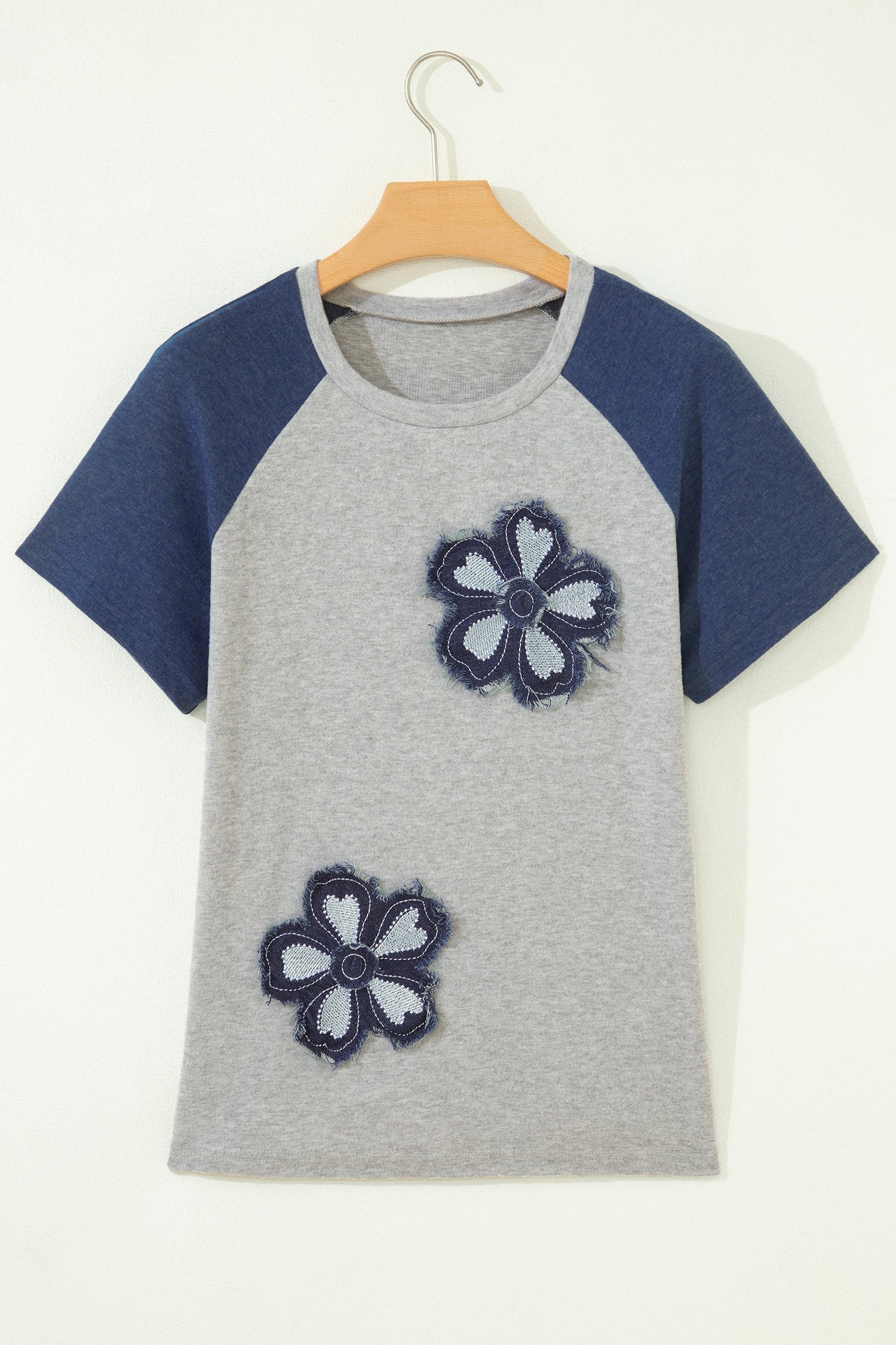 Dark Blue Floral Patchwork Colorblock Raglan Sleeve T Shirt