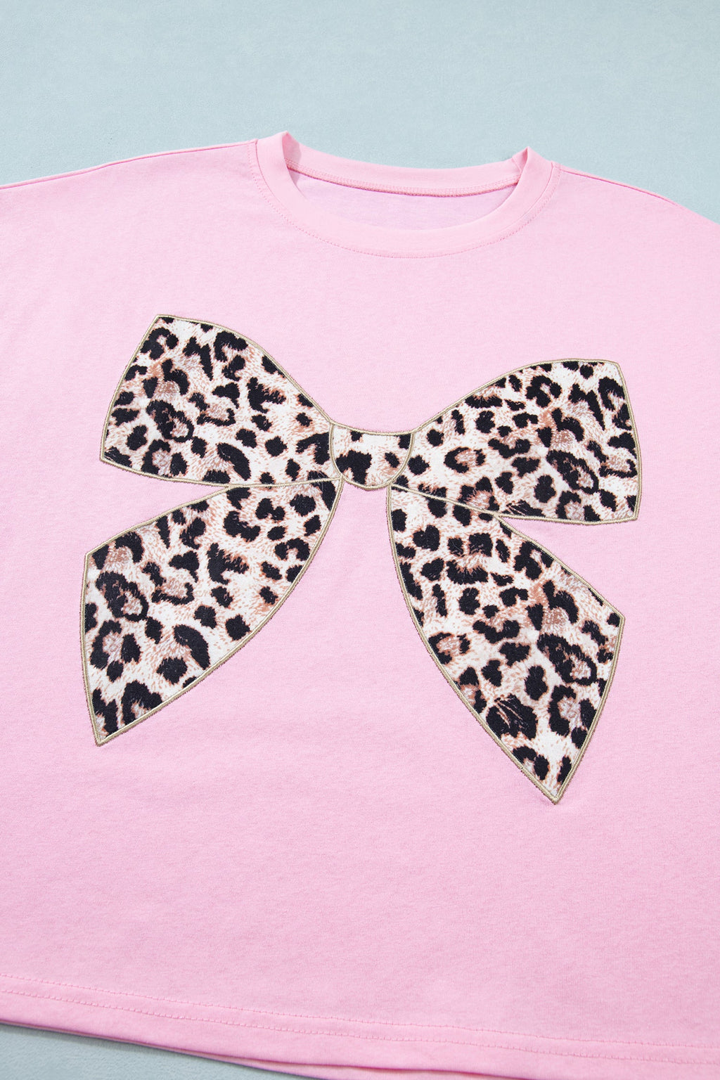 Pink Leopard Bow Embroidered Cotton Round Neck T Shirt