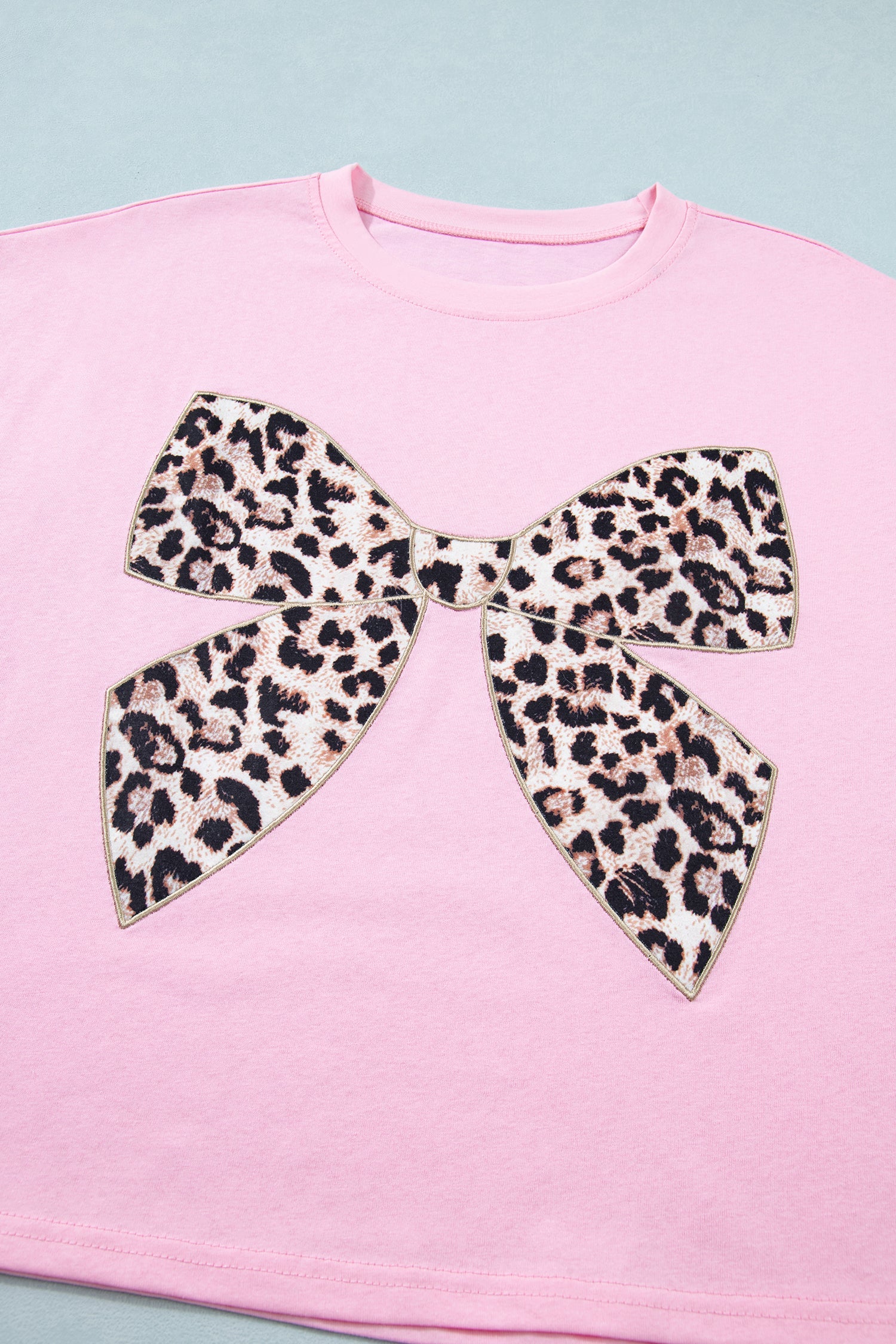 Pink Leopard Bow Embroidered Cotton Round Neck T Shirt