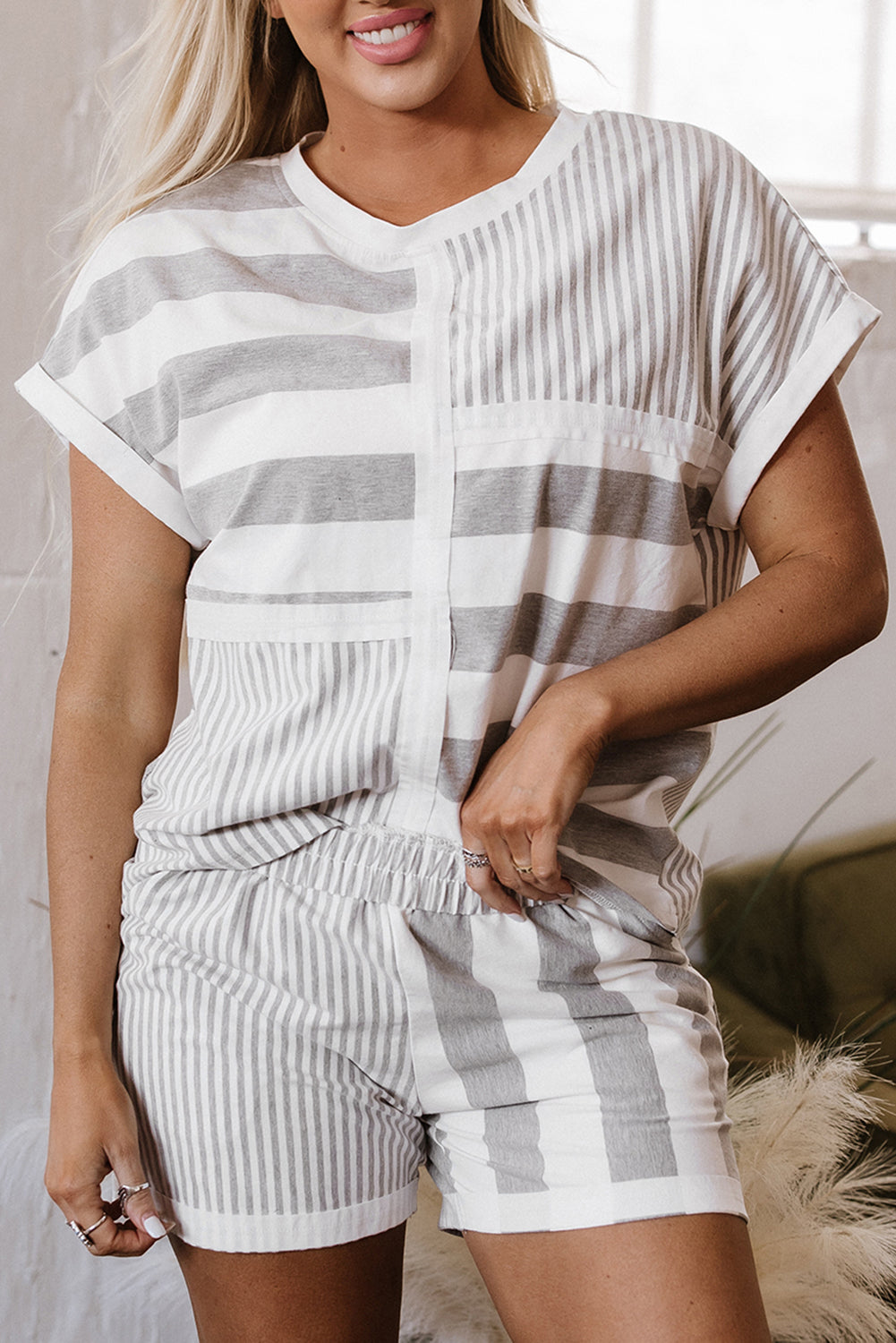 Gray Stripe Mixed Print Short Sleeve Top and Pocketed Shorts Set