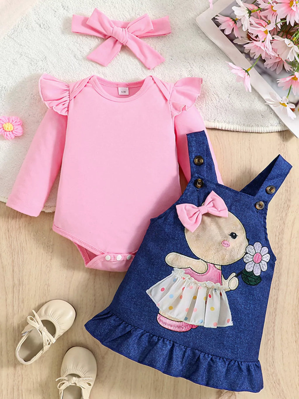 Children's Ruffled Bodysuit and Overall Dress Set with Headband