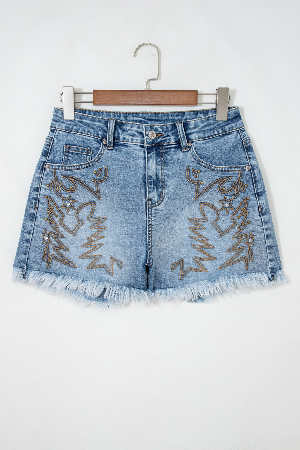 Dusk Blue Western Embroidery Stud Denim Shorts Summer Daily Wear