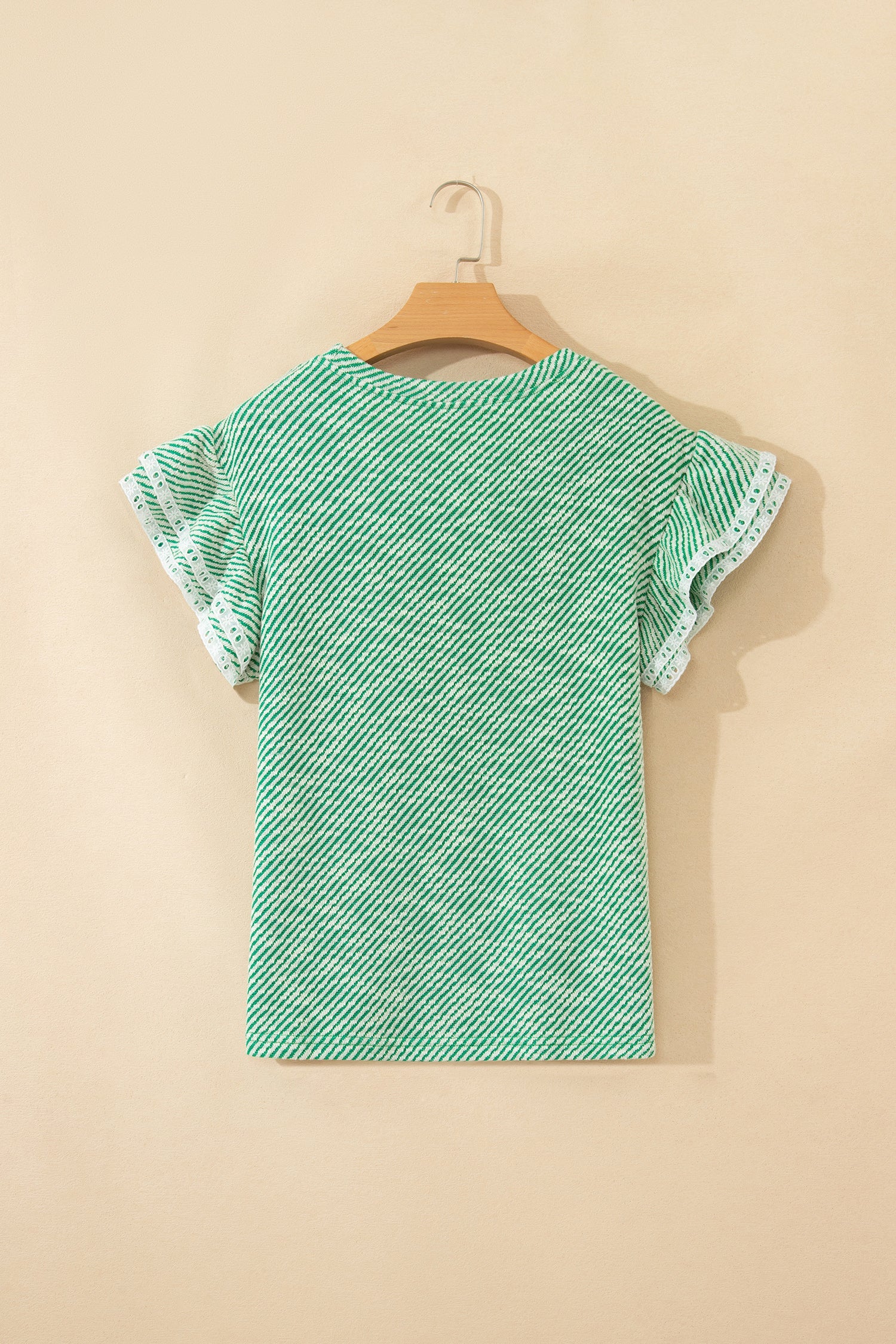 Clearly Aqua Twilled Print Lace Trim Ruffled Short Sleeve Blouse