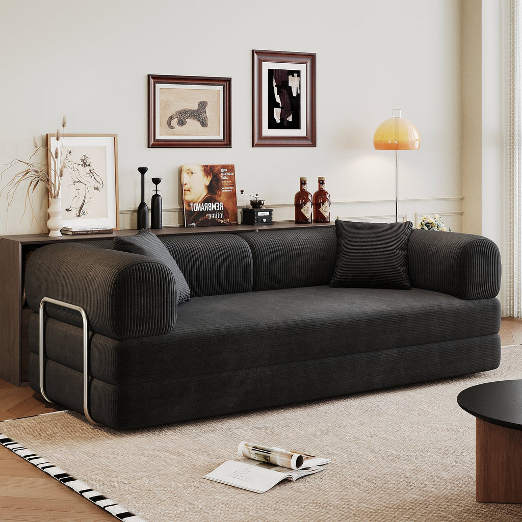 78.8' Compression Sofa,Convertible Floor Sofa Bed-with Pillow Back Support Armrest,Comfy Futon Couch Sleeper Bed,Loveseats Boneless Modular Sectional Sofa,Corduroy fabric,for Living Room,Bedroom,Black