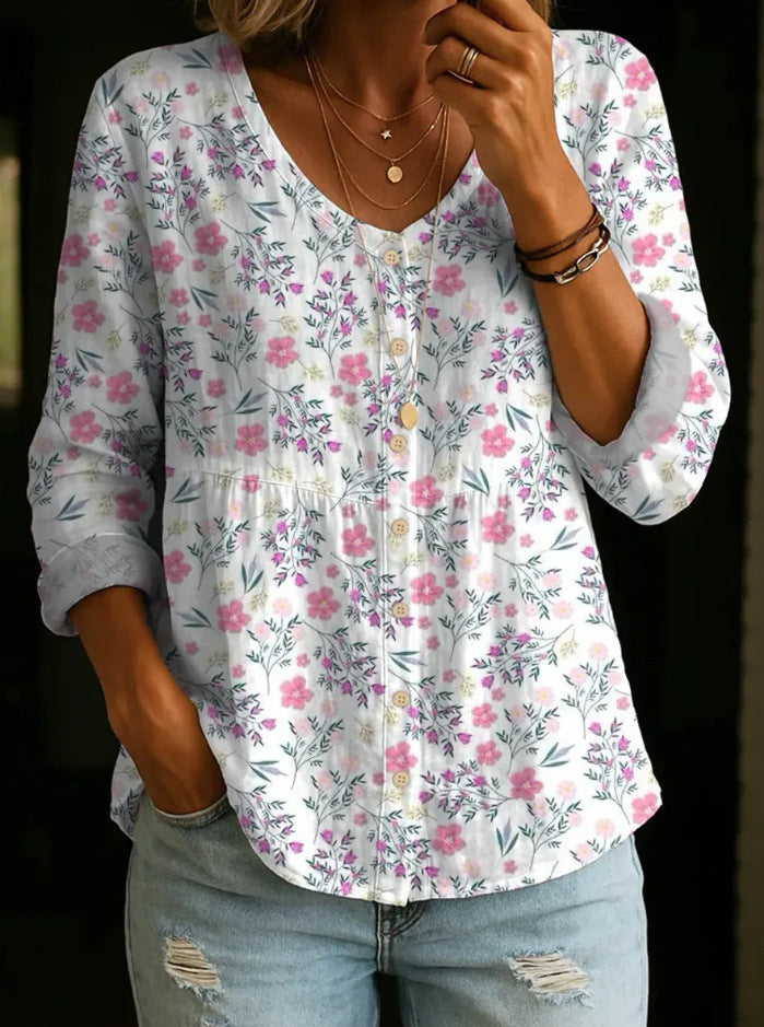 Women's Plus-Size Printed Boho Loose Fit 3/4 Sleeve Top