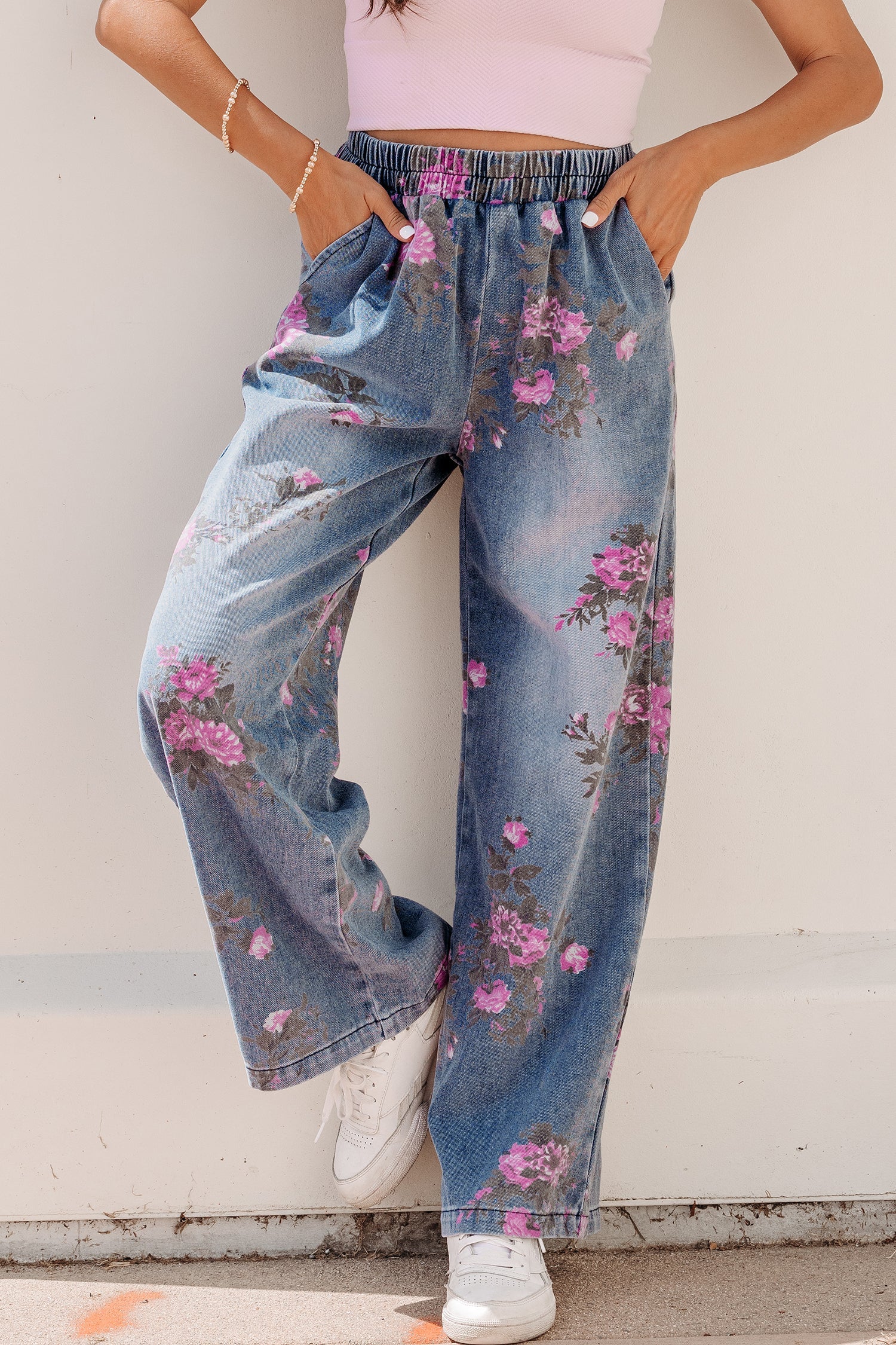 Beau Blue Floral Print Elastic Waist Pull On Casual Jeans