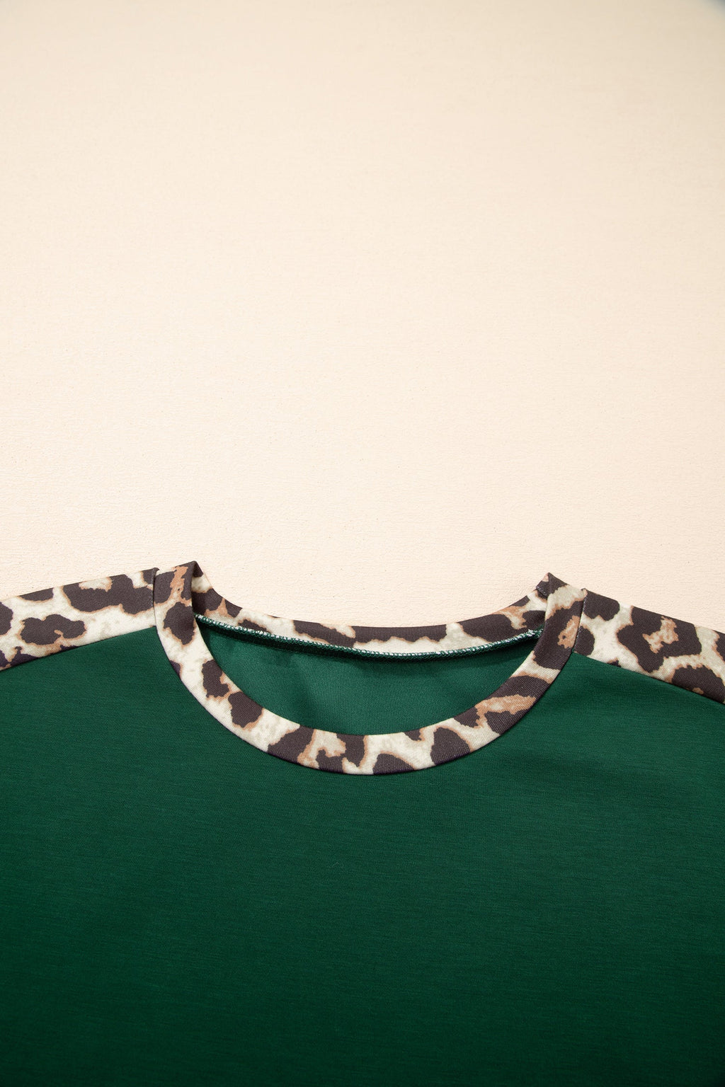 Sea Green Leopard Trim Round Neck Loose T Shirt