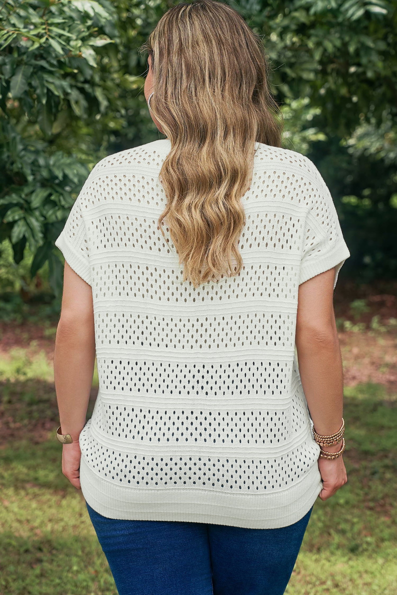 White Plus Size Eyelet Hollow Out Knit Ribbed Trim Short Sleeve Dolman Sweater