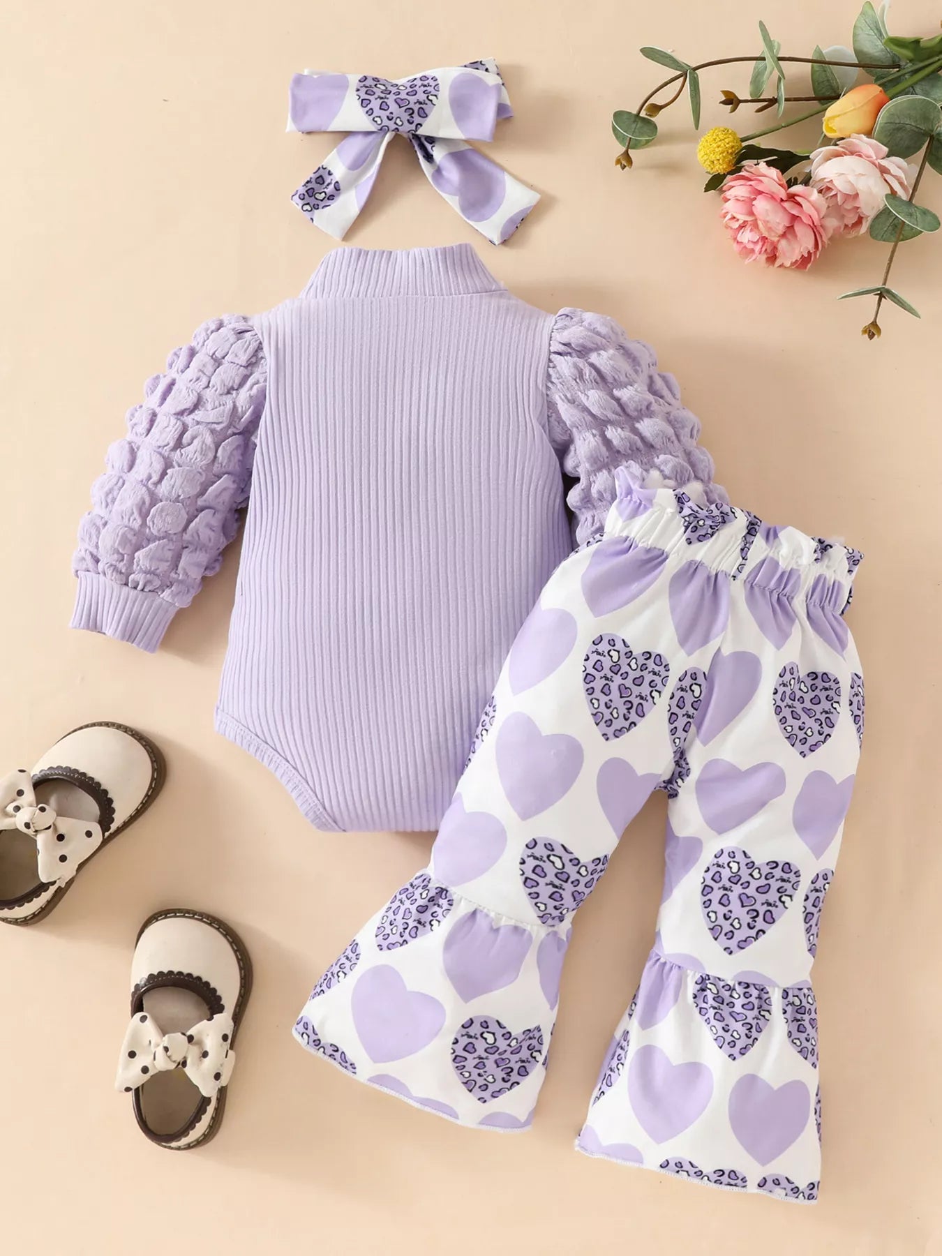 Children's Bubble Texture Long Sleeve Top and Pants Set with Headband
