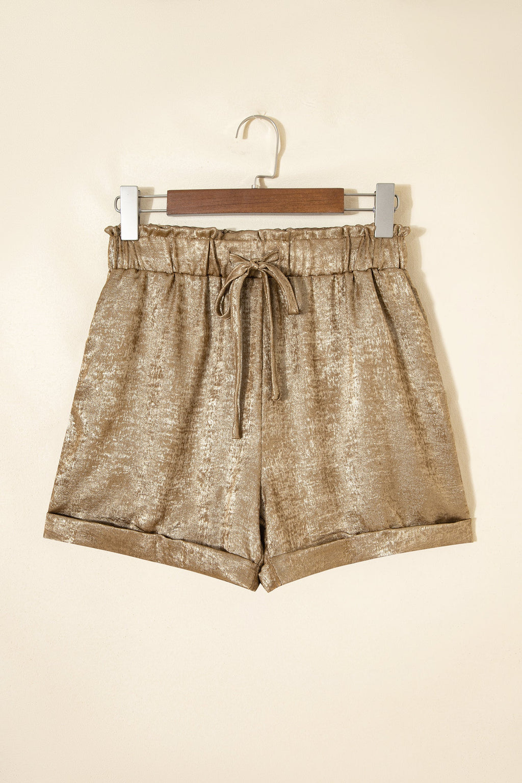 Gold Metallic Luster Tie Elastic Waist Cuffed Hem Shorts