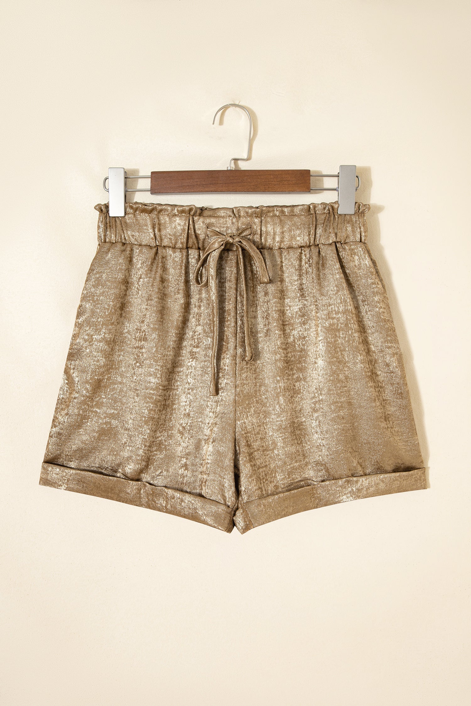 Gold Metallic Luster Tie Elastic Waist Cuffed Hem Shorts