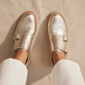 Women's Gold Metallic Brogue Monk Strap Loafers – Double Buckle