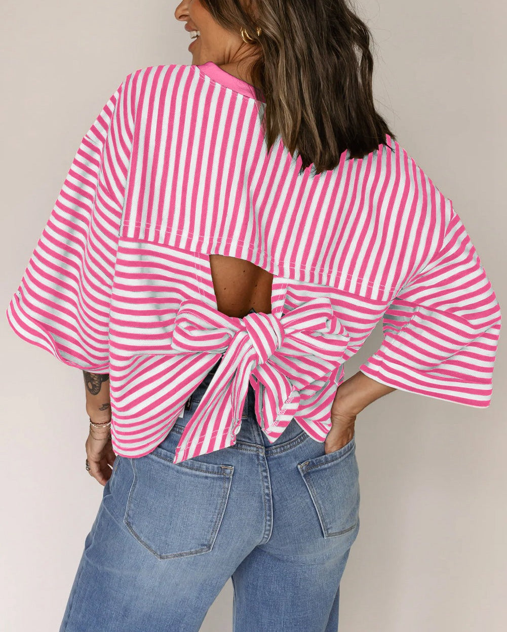 Women's Striped Back Tie-Bow Pullover Top – Round Neck 3/4 Sleeve