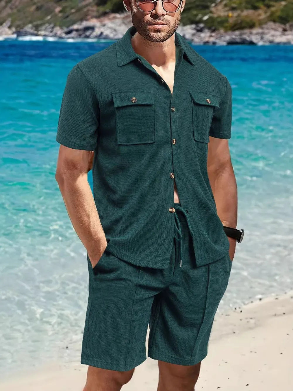 Men's Full Size Button Down Short Sleeve Top and Shorts Set Plus Size