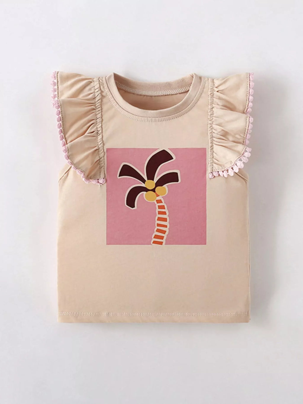 Children's Sleeveless Palm Tree Graphic T-Shirt with Ruffle Trim