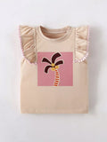 Children's Sleeveless Palm Tree Graphic T-Shirt with Ruffle Trim