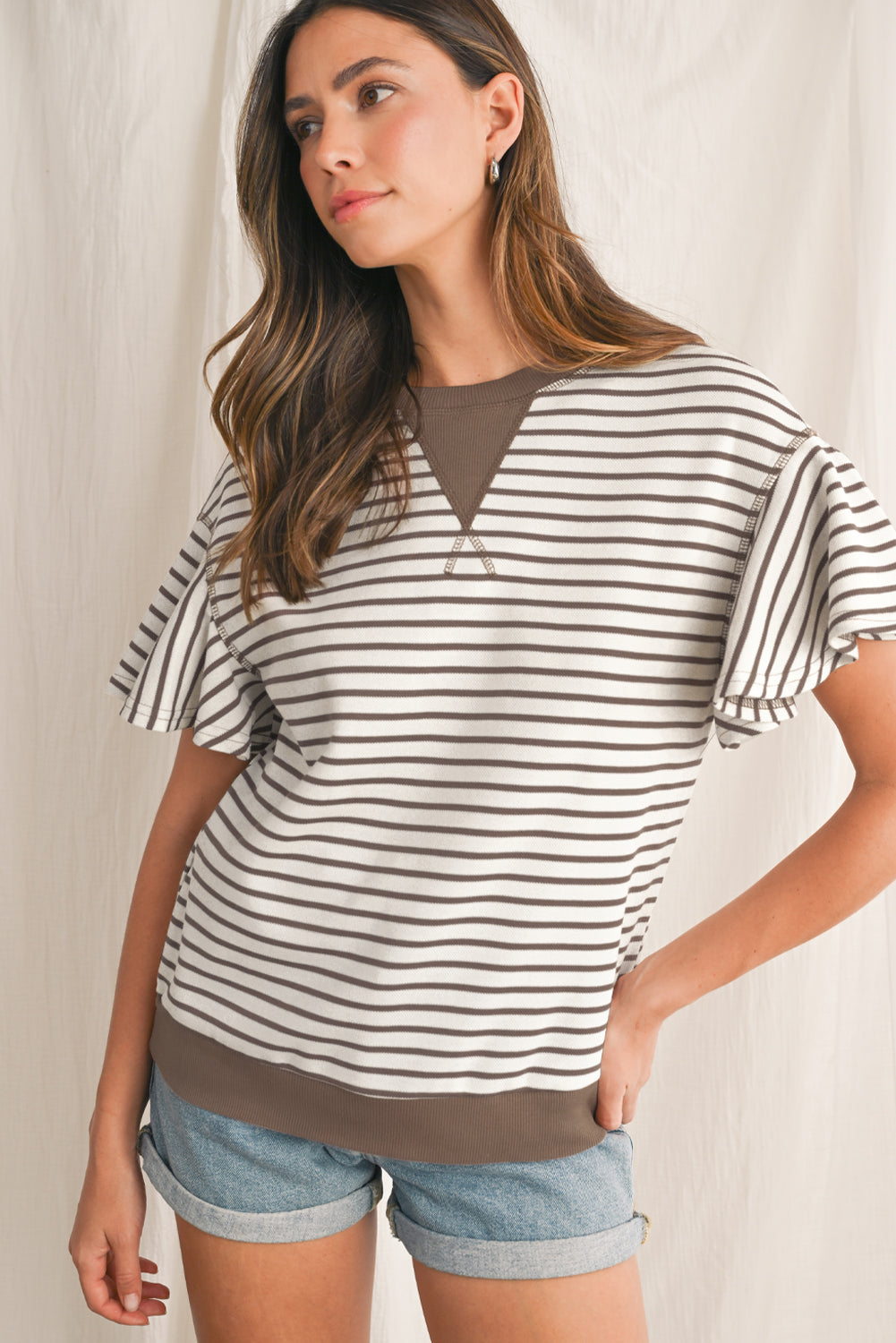 Bright Green Striped Ruffle Sleeve Round Neck Top