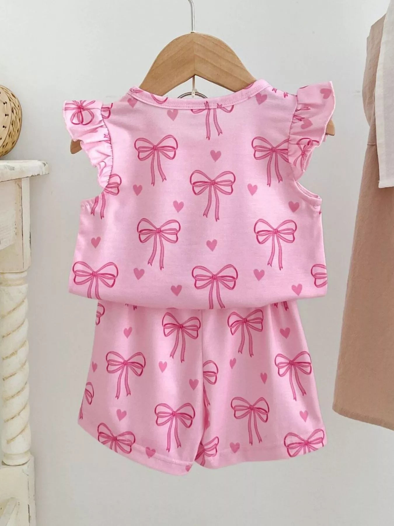 Children's Bowknot Ruffle Sleeve Top and Shorts Set