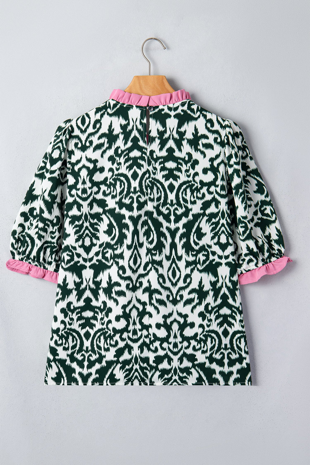 Green Damask Print Ruffled Color Block Detail Half Sleeve Blouse