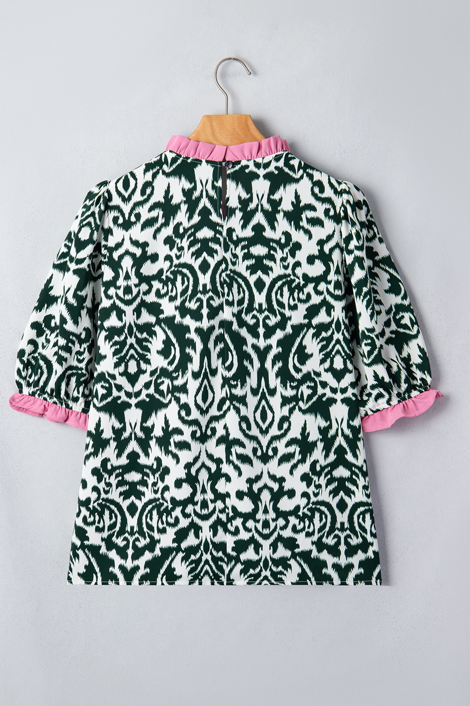 Green Damask Print Ruffled Color Block Detail Half Sleeve Blouse