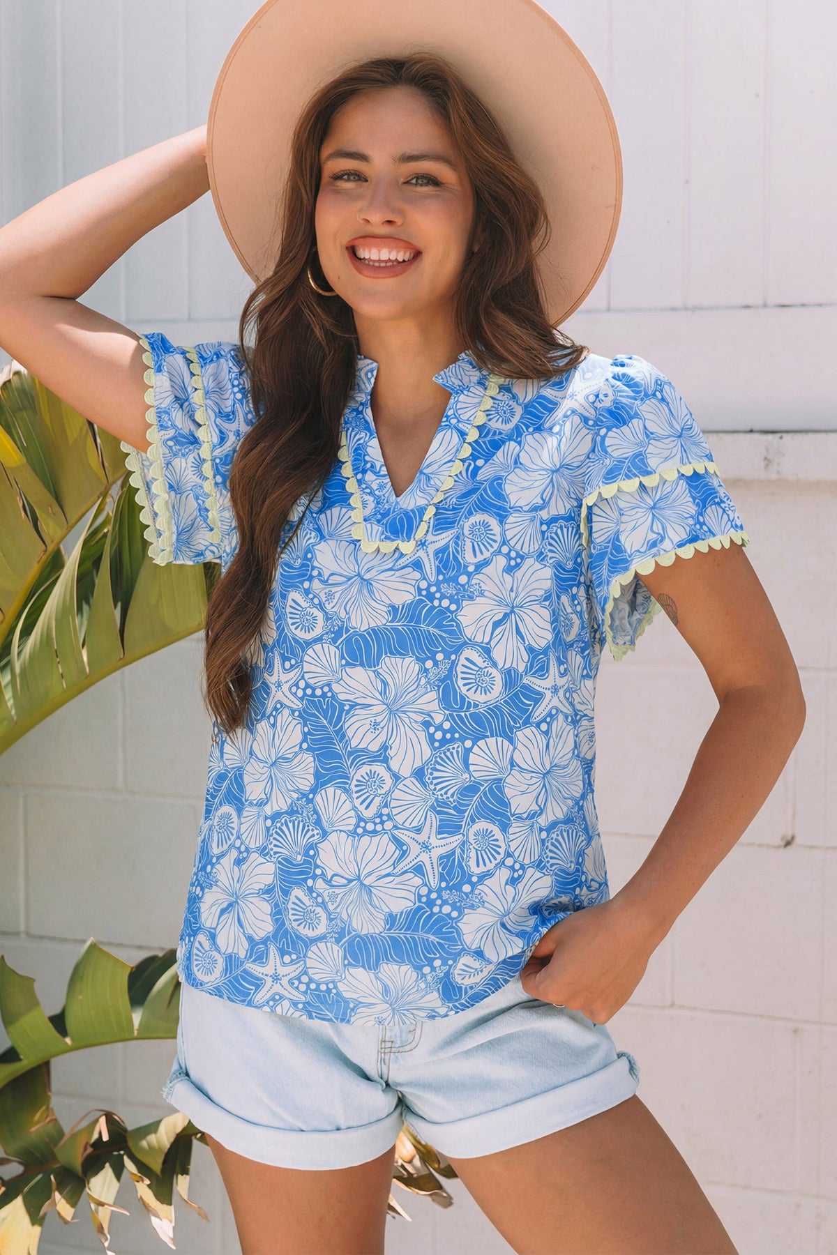 Sky Blue Oceanic Floral Print Scalloped Trim V Neck Short Sleeve Blouse