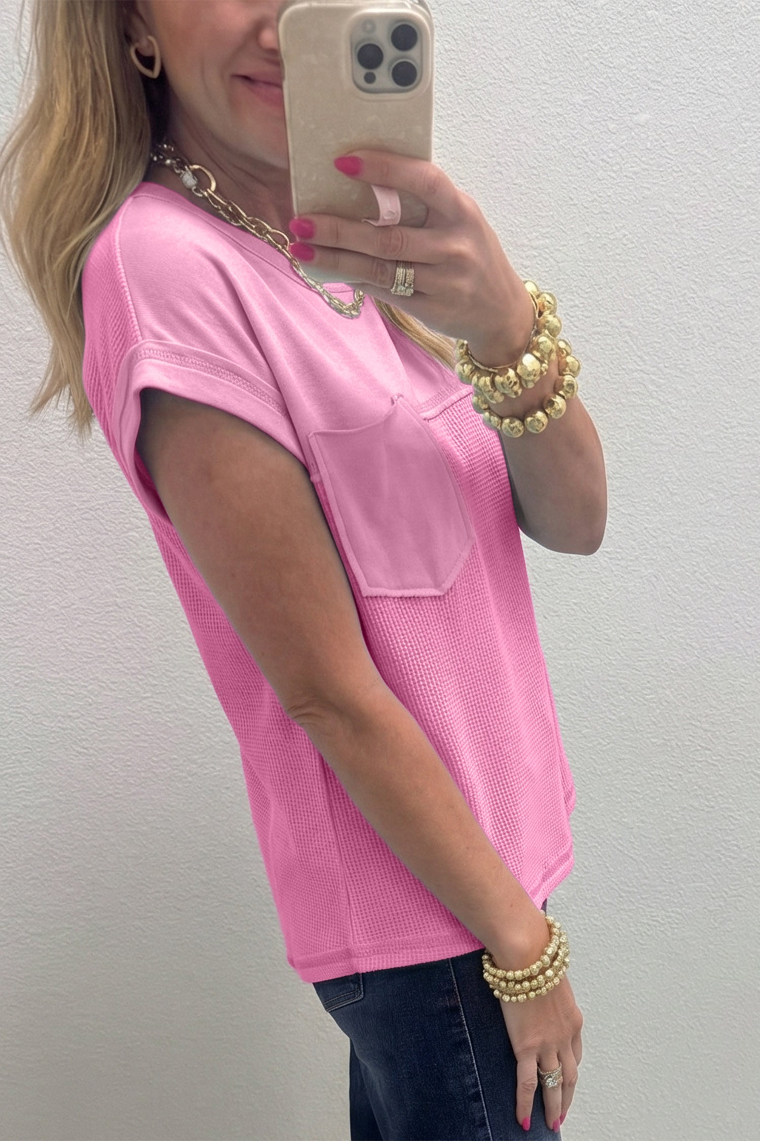 Pink Solid Color Raw Seam Waffled Patchwork Casual T Shirt