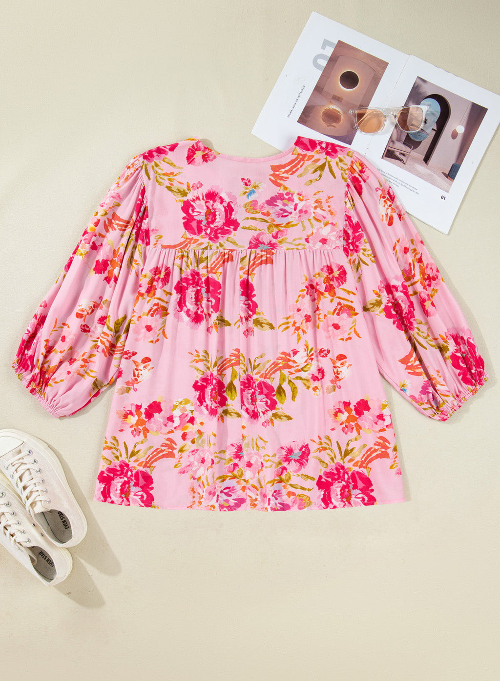 Pink Plus Size Floral Print V Neck Tie Front Short Sleeve Tunic Top