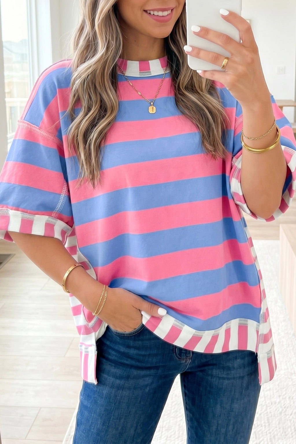 Yellow Stripe Exposed Seam Contrast Patchwork Oversized Top