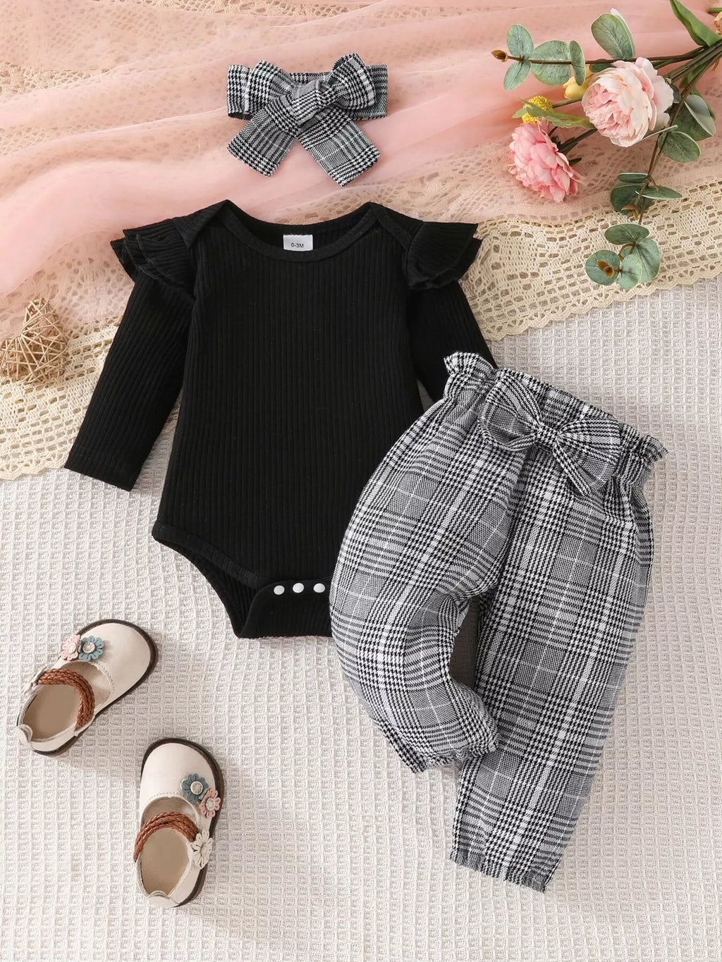 Children's Bodysuit & Plaid Pants & Headband Set