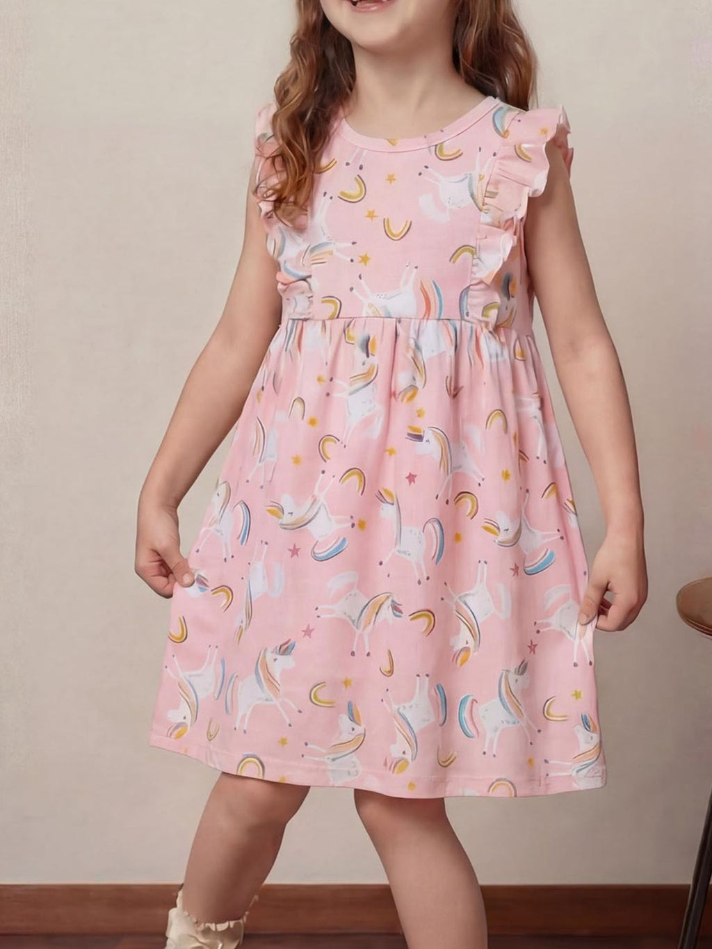 Children's Unicorn Print Ruffle Sleeve Casual Dress