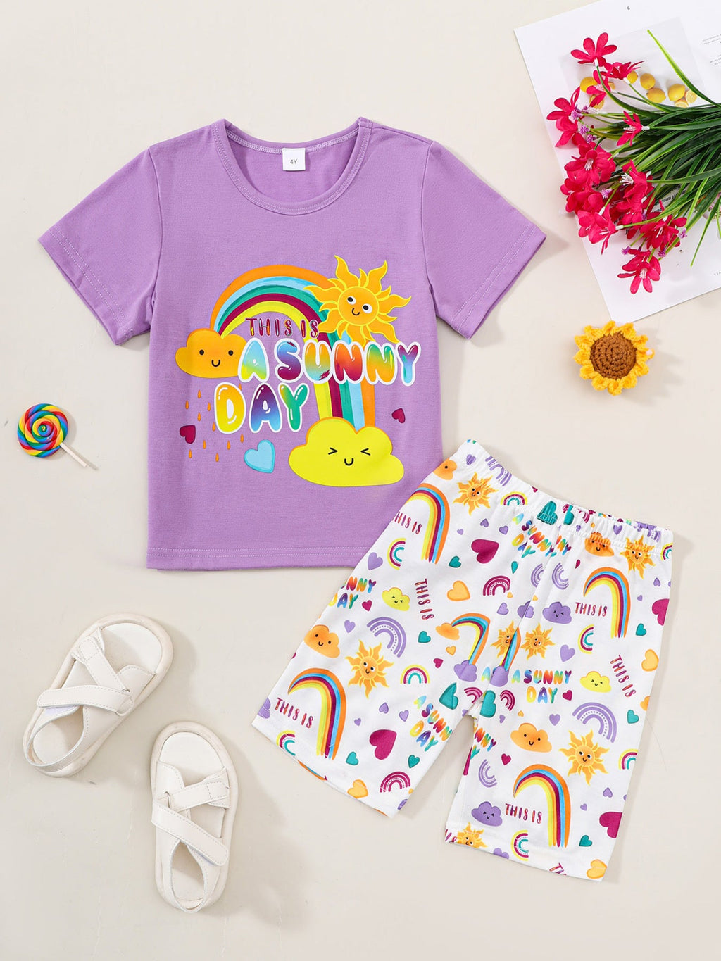 Children's Sunny Day Print Short Sleeve Tee and Shorts Set