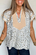 White Leopard Printed Color Block Patchwork V Neck Cap Sleeve Blouse