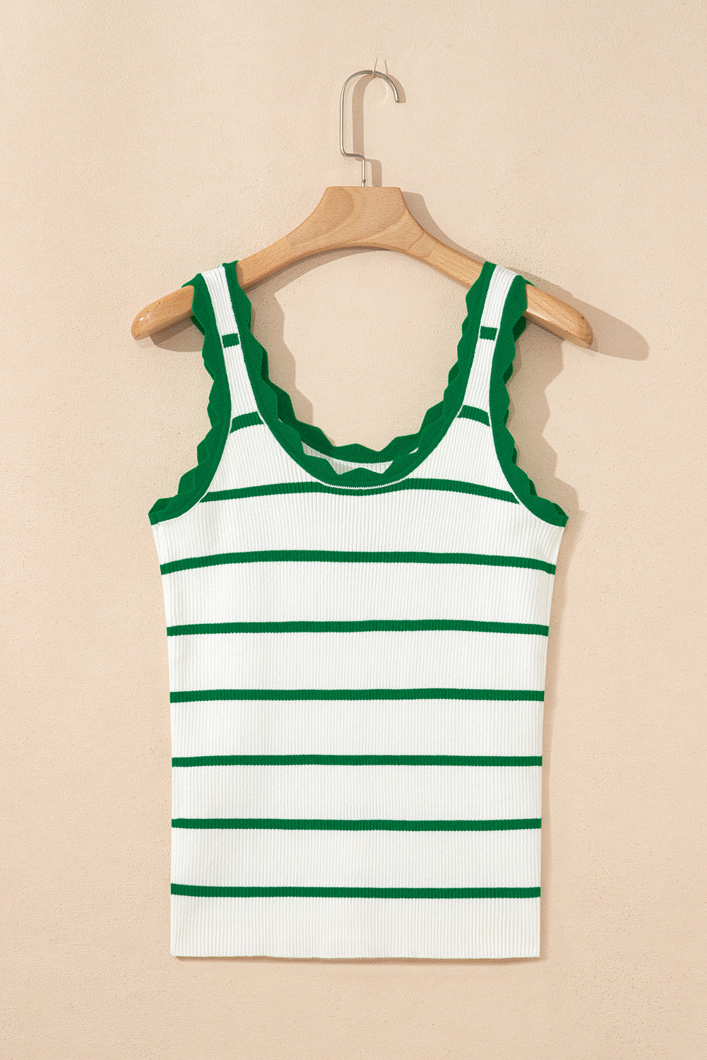 Bright Green Striped Scalloped Edge U Neck Sleeveless Sweater Vest