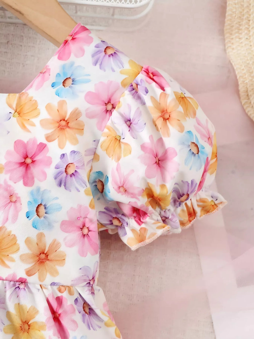 Children's Floral Print Puff Sleeve Ruffle Hem Dress