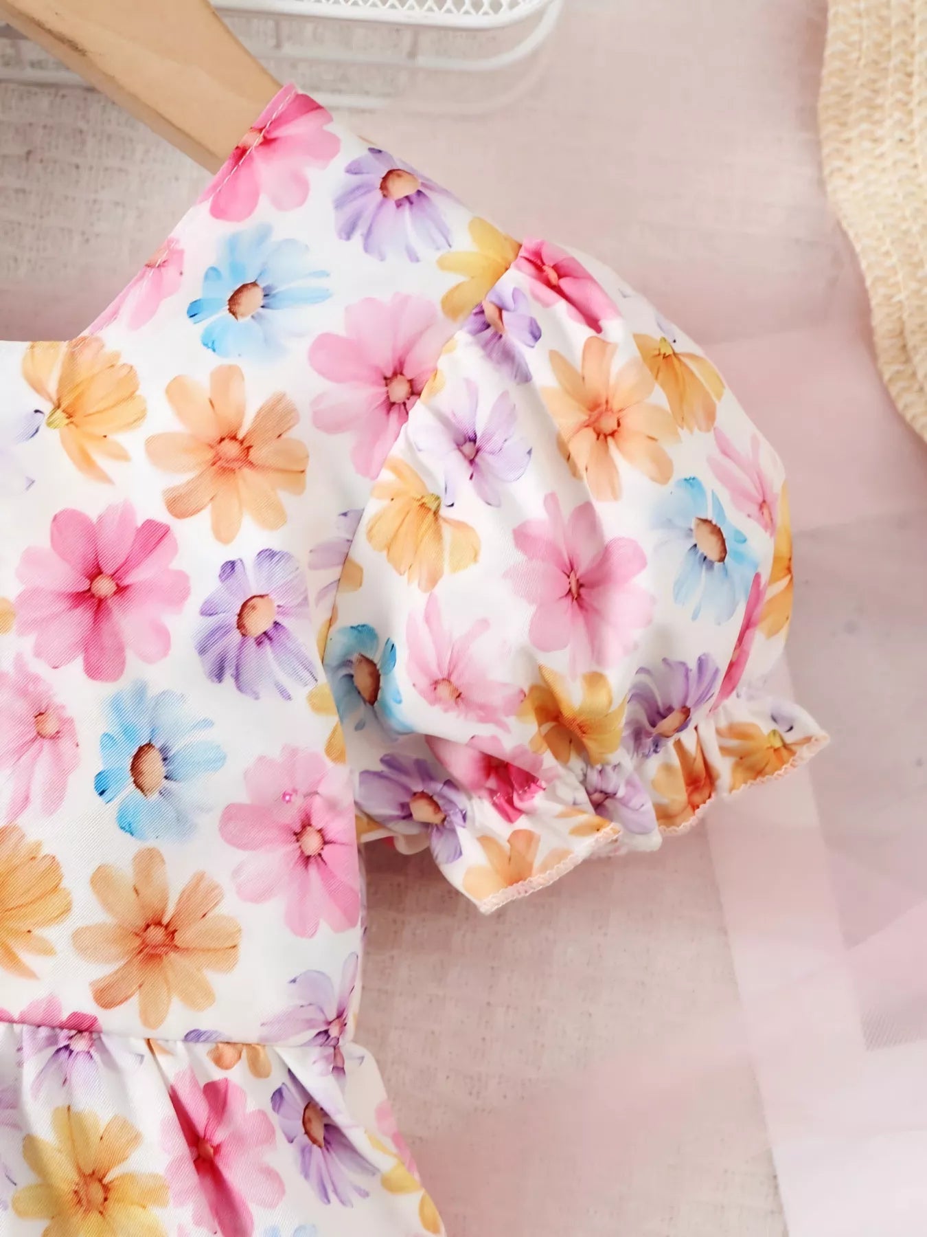 Children's Floral Print Puff Sleeve Ruffle Hem Dress