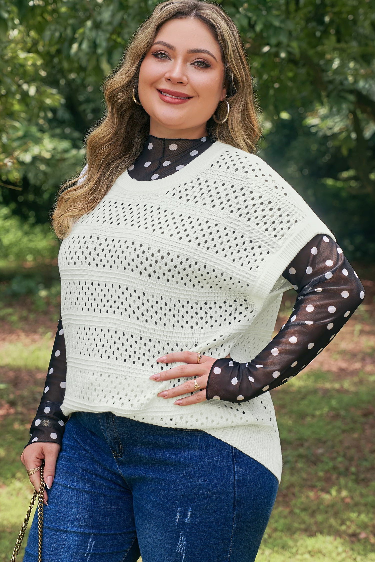 White Plus Size Eyelet Hollow Out Knit Ribbed Trim Short Sleeve Dolman Sweater