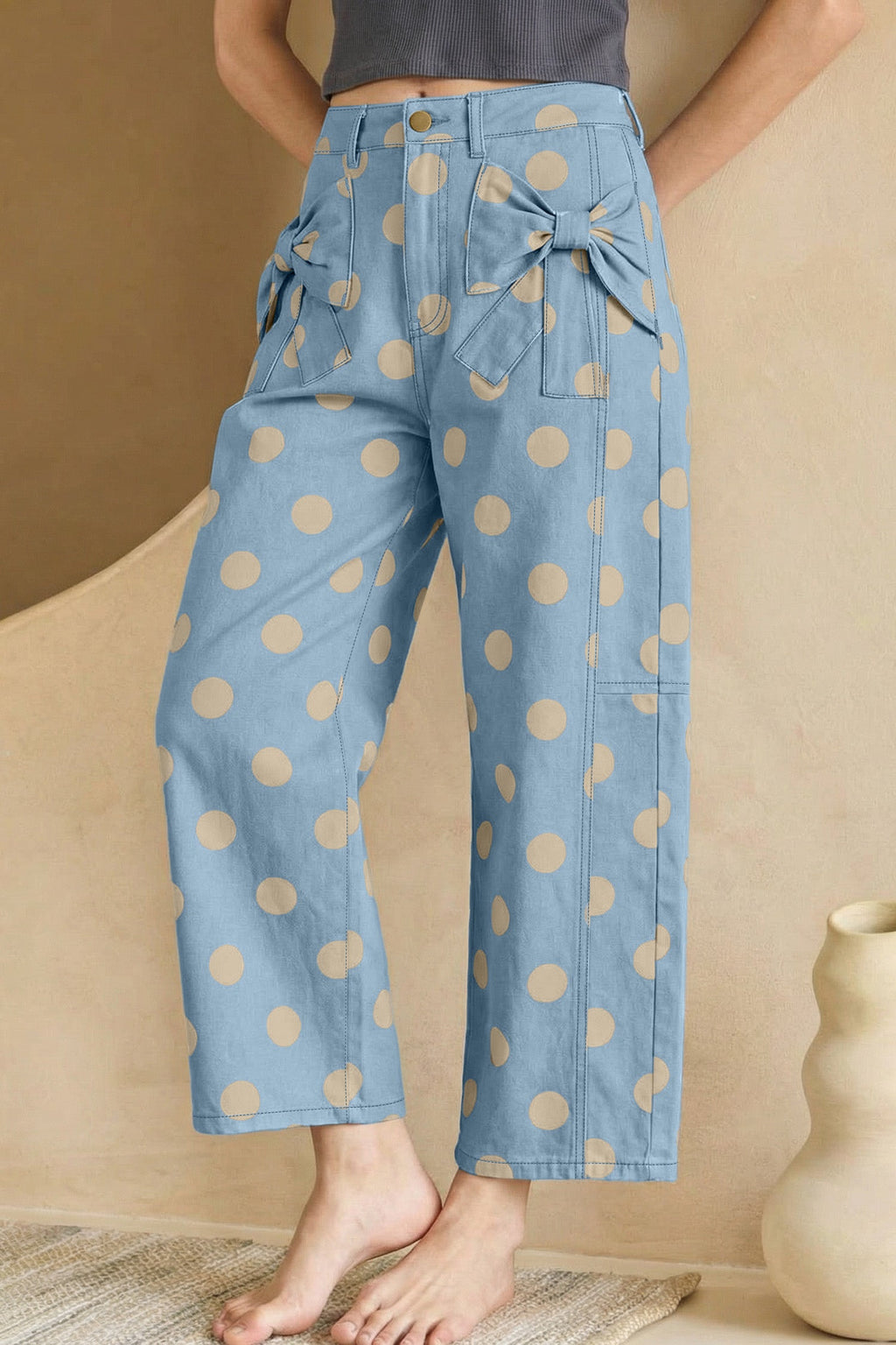Sky Blue Polka Dot Print Bow Detail Pocketed Jeans